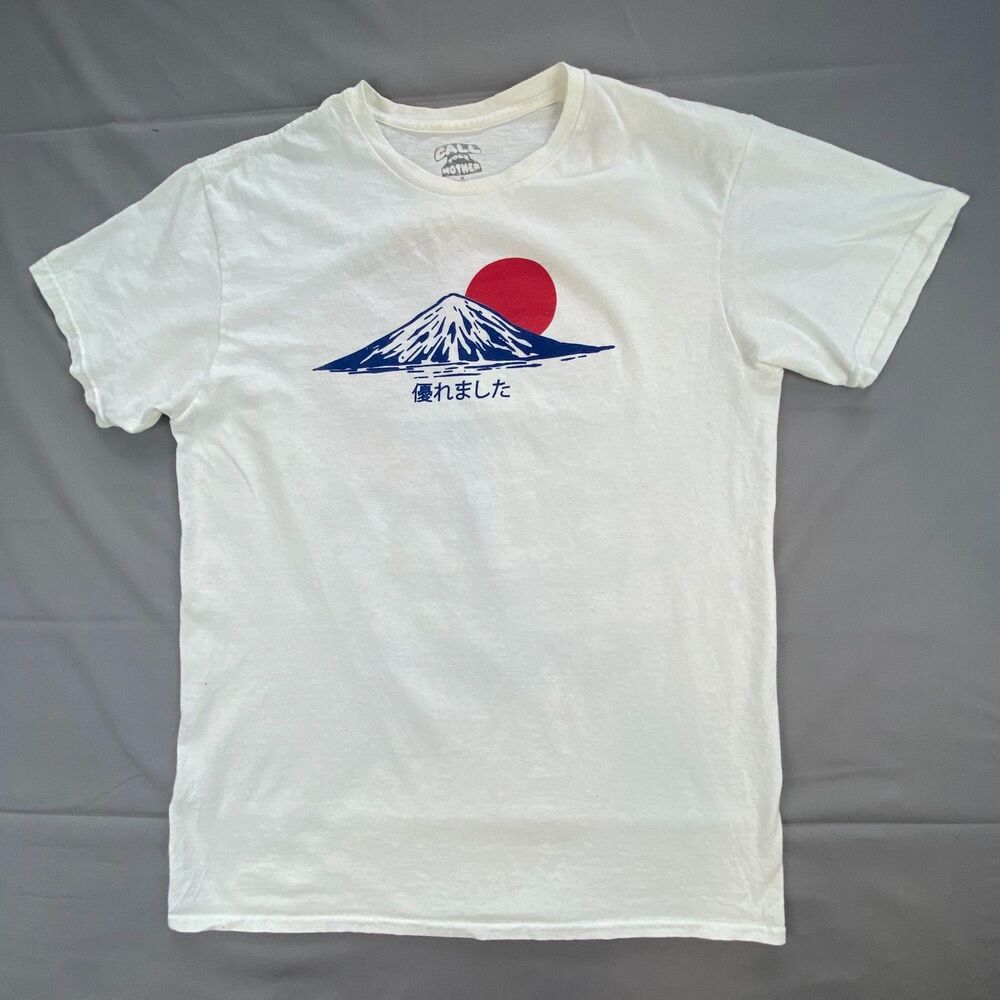 Call Your Mother Mens Graphic T Shirt Medium White Mt Fuji Pagoda Japanese Sun
